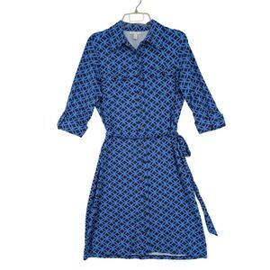 M Women's Geometric Print Button Front Shirt Dress Charter Club Blue Stretchy